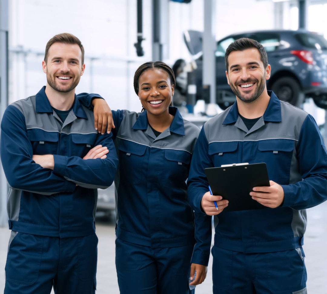 A man in overalls in a garage passing another man a set of car keys.