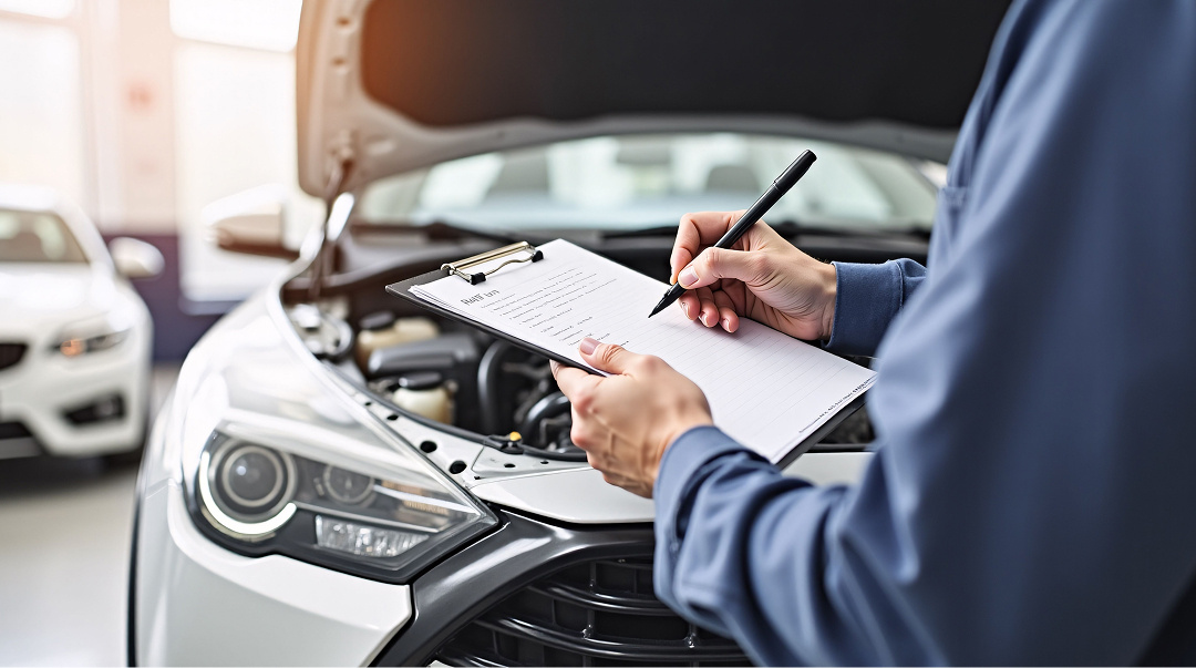 A person in a garage writing on a clipboard